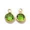 Ion Plating(IP) 304 Stainless Steel with Glass Charms, Real 18K Gold Plated, Faceted Flat Round, Yellow Green, 9.5x6.5x2mm, Hole: 1.5mm