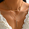 Fashionable Iron & Clear Glass Rhinestone Double-Layer Cross Pendant Necklaces for Women, Perfect Vacation Date Gift, Golden, 15.35 inch(39cm)