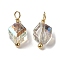 Electroplate Glass Charms, with Real 18K Gold Plated Brass Loop, Faceted Diagonal Cube Charm, Clear, 12.5x8x7.5mm, Hole: 1.6mm