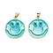 Brass Enamel Pendants, Real 18K Gold Plated, Long-Lasting Plated, Flat Round with Smiling Face, Dark Turquoise, 27x24.5x2.5mm, Hole: 5x3.5mm