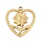 304 Stainless Steel Pendants, Flower Pattern, Real 18K Gold Plated, Ion Plating(IP), Heart, 22.5x21x2mm, Hole: 1.8mm