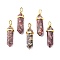 Natural Leopard Skin Jasper Pointed Pendants, with Random Brass Pendant Hexagon Bead Cap Bails, Golden, Bullet, 38.5~40x12~12.5x10~11mm, Hole: 3x4.5mm