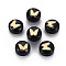 Handmade Lampwork Beads, with Golden Plated Brass Etched Metal Embellishments, Flat Round with Butterfly, Black, 8x5~6mm, Hole: 0.8mm