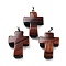 Dyed & Heated Natural Red Tiger Eye Pendants, Religion Cross Charms with Rack Plating Platinum Tone Brass Snap on Bails, 35x23x9mm, Hole: 7x4mm