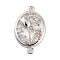 Brass Pave Clear Cubic Zirconia Connector Charms, Cadmium Free & Nickel Free & Lead Free, Oval with Flower Links, 925 Sterling Silver Plated, 25x16x5mm, Hole: 1.8mm
