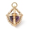 Natural Tiger Eye(Dyed & Heated) & Handmade Glass Seed Beaded Round Pendants, with Jump Rings, Golden, Purple, 17.5x15x15mm, Hole: 2.8mm