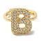 Rack Plating Letter Brass Micro Pave Clear Cubic Zirconia Adjustable Rings for Women, Real 18K Gold Plated, Letter B, 14.5x12mm, Inner Diameter: 17mm