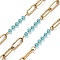 304 Stainless Steel Paperclip Chains, Ion Plating(IP), with Glass Beads, Real 18K Gold Plated, Soldered, with Spool, Pale Turquoise, 12x4x1mm, about 32.81 Feet(10m)/Roll