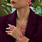 Flower Alloy Enamel Pendant Necklaces & Bangle & Ring & Stud Earrings Sets, Golden, Deep Pink, 425mm