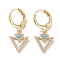 Real 18K Gold Plated Brass Dangle Leverback Earrings, with Cubic Zirconia, Triangle, Sky Blue, 27x11.5mm