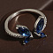 Butterfly Brass Micro Pave Cubic Zirconia Cuff Rings, Platinum, Prussian Blue, 11mm, Inner Diameter: 17~19mm
