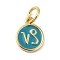 Real 18K Gold Plated Brass Enamel Charms, with Jump Ring, Long-Lasting Plated, Lead Free & Cadmium Free, Flat Round with Capricorn Charms, Dark Cyan, 10x8x1mm, Hole: 4mm