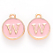 Golden Plated Alloy Enamel Charms, Cadmium Free & Lead Free, Enamelled Sequins, Flat Round with Letter, Pink, Letter.W, 14x12x2mm, Hole: 1.5mm