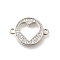 Rack Plating Brass Clear Cubic Zirconia Flat Round with Hollow Heart Connector Charms, Long-Lasting Plated, Lead Free & Cadmium Free, Platinum, 16.5x23x2mm, Hole: 1.6mm