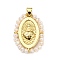 Brass with Glass Pendants, Cadmium Free & Lead Free, Real 18K Gold Plated, Oval with Heart Pattern, Antique White, 25~26x19~19.5x3~3.5mm, Hole: 3x3.5mm