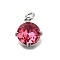 Flat Round Brass with Glass Charms, Single Stone Charms, Cadmium Free & Lead Free, Long-Lasting Plated, Rack Plating, Platinum, Cerise, 11x9.5x4.5mm, Hole: 2mm