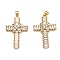 Brass Micro Pave Clear Cubic Zirconia Pendants, Long-Lasting Plated, Real 18K Gold Plated, Cross, Clear, 35x23.5x4.5mm, Hole: 3x4mm