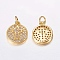 Brass Micro Pave Cubic Zirconia Charms, Cadmium Free & Lead Free, Flat Round with Cross, Golden, 13x11x2mm, Hole: 2mm