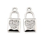 Brass Micro Pave Clear Cubic Zirconia Pendants, Cadmium Free & Nickel Free & Lead Free, Lock with Heart Pattern Charms, Platinum, 16.5x7.5x1.5mm, Hole: 1.6mm