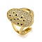 Oval with Flower Brass Micro Pave Cubic Zirconia Open Cuff Rings for Women, Cadmium Free & Lead Free, Real 18K Gold Plated, Adjustable, Oval: 22.5x12.5mm