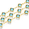 Brass Rhombus Link Chains, with Glass, Soldered, with Spool, Long-Lasting Plated, Golden, Dark Turquoise, 15x9x2.5~3mm, about 32.81 Feet(10m)/Roll