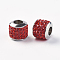 304 Stainless Steel European Beads, with Grade A Rhinestone, Large Hole Beads, Barrel, Stainless Steel Color, Light Siam, 10x9.5mm, Hole: 5mm