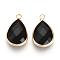 Glass Pendants, with Brass Findings, Faceted, Drop, Light Gold, Black, 14x7.5x4mm, Hole: 1.8~2.3mm