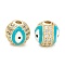 Brass Micro Pave Cubic Zirconia Beads, with Enamel,  Long-Lasting Plated, Flat Round with Evil Eye, Real 18K Gold Plated, Dark Turquoise, 10mm, Hole: 2mm