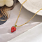 Sweet and Delicate Brass Enamel Strawberry Pendant Necklaces for Everyday, Golden, Red, 15.75 inch(40cm)
