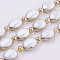 Opaque Glass Beads Strands, with Brass Findings, Pearl Luster Plated, Faceted, Oval, Golden, White, 12x16x7.5mm, Hole: 1mm, about 10pcs/strand, 8.2 inch (21cm)