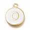 Brass Enamel Pendants, Long-Lasting Plated, Golden, White, Flat Round, Letter.O, 16.5x13x2mm, Hole: 1.5mm