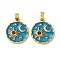 Brass Pave Cubic Zirconia Pendants, with Enamel, Flat Round with Sun and Moon Charms, Real 18K Gold Plated, 18x16x2.5mm, Hole: 4x2.5mm