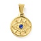 PVD Vacuum Plating 304 Stainless Steel with Capri Blue Rhinestones Pendants, with 201 Stainless Steel Snap On Bails, Flat Round with Evil Eye, Golden, 18.5x15.5x3.5mm, Hole: 4x6mm
