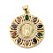 Rack Plating Brass Micro Pave Cubic Zirconia Pendants, Cadmium Free & Lead Free, Real 18K Gold Plated, Long-Lasting Plated, Flat Round with Saint, Colorful, 26x23.5x3mm, Hole: 3.5x5mm