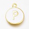 Brass Enamel Pendants, Long-Lasting Plated, Golden, White, Flat Round, Letter.P, 16.5x13x2mm, Hole: 1.5mm
