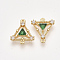 Brass Cubic Zirconia Links, Real 18K Gold Plated, Nickel Free, Triangle, Green, 15x13x3mm, Hole: 1mm