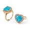 Deep Sky Blue Glass Heart Open Cuff Ring with Cubic Zirconia, Brass Jewelry for Women, Real 18K Gold Plated, US Size 7 1/4(17.5mm)