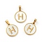 PVD Vacuum Plating 304 Stainless Steel with White Shell Pendants, Golden, Flat Round with Letter Charm, Letter.H, 18x16x1.5mm, Hole: 3x6mm