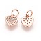 Brass Cubic Zirconia Charms, Heart, Clear, Rose Gold, 8.5x8x2mm, Hole: 3mm