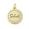 Brass Enamel Pendants, with Jump Ring, Rack Plating, Cadmium Free & Lead Free, Long-Lasting Plated, Real 18K Gold Plated, Flat Round with Word Salud, Light Blue, 20.5x15x2mm, Hole: 3mm