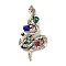 Tibetan Style Alloy Pave Colorful Rhinestone Brooch, Snake, Antique Golden, 80x37x11mm, Hole: 6x4mm
