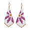 Glass Seed Beaded Dangle Earrings, with 304 Stainless Steel Earring Hooks, Rhombus with Flower Pattern, Medium Orchid, 69x29mm