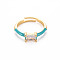 Brass Enamel Cuff Rings, Open Rings, with Clear Cubic Zirconia, Nickel Free, Rectangle, Golden, Dark Turquoise, US Size 7 1/4(17.5mm)