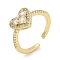 Rack Plating Brass Micro Pave Cubic Zirconia Cuff Finger Rings for Women, Cadmium Free & Lead Free, Long-Lasting Plated, Real 18K Gold Plated, Heart, 10mm, Inner Diameter: adjustable