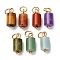 Natural Mixed Gemstone Column Charms with 304 Stainless Steel Jump Rings, Golden, 14x6mm, Hole: 4mm