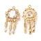 Glass Pendants, with Brass Finding, Woven Net/Web with Feather Charms, Real 18K Gold Plated, 28x14x5mm, Hole: 1.4mm