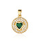 Brass Micro Pave Cubic Zirconia Pendants, Cadmium Free & Nickel Free & Lead Free, Flat Round with Heart Charms, Real 18K Gold Plated, Green, 16x14x4.1mm