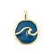 Brass Enamel Pendants, Rack Plating, Long-Lasting Plated, Lead Free and Cadmium Free, Flat Round with Sea Wave Charm, Real 18K Gold Plated, Marine Blue, 18.5x14x4mm, Hole: 3x2mm