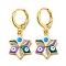 Real 18K Gold Plated Brass Dangle Leverback Earrings, with Enamel and Cubic Zirconia, Evil Eye, Blue Violet, 30.5x13mm