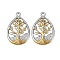 304 Stainless Steel Pendants, Teardrop with Tree Charms, Ion Plating(IP), Real Gold Plated & Stainless Steel Color, 36x24x2.5mm, Hole: 2.5mm